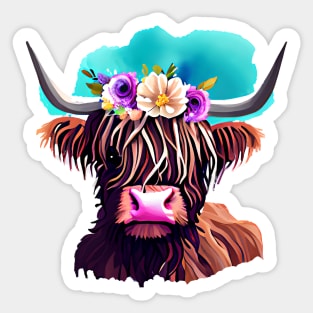 Baby Highland Cow With Flower Crown Sticker